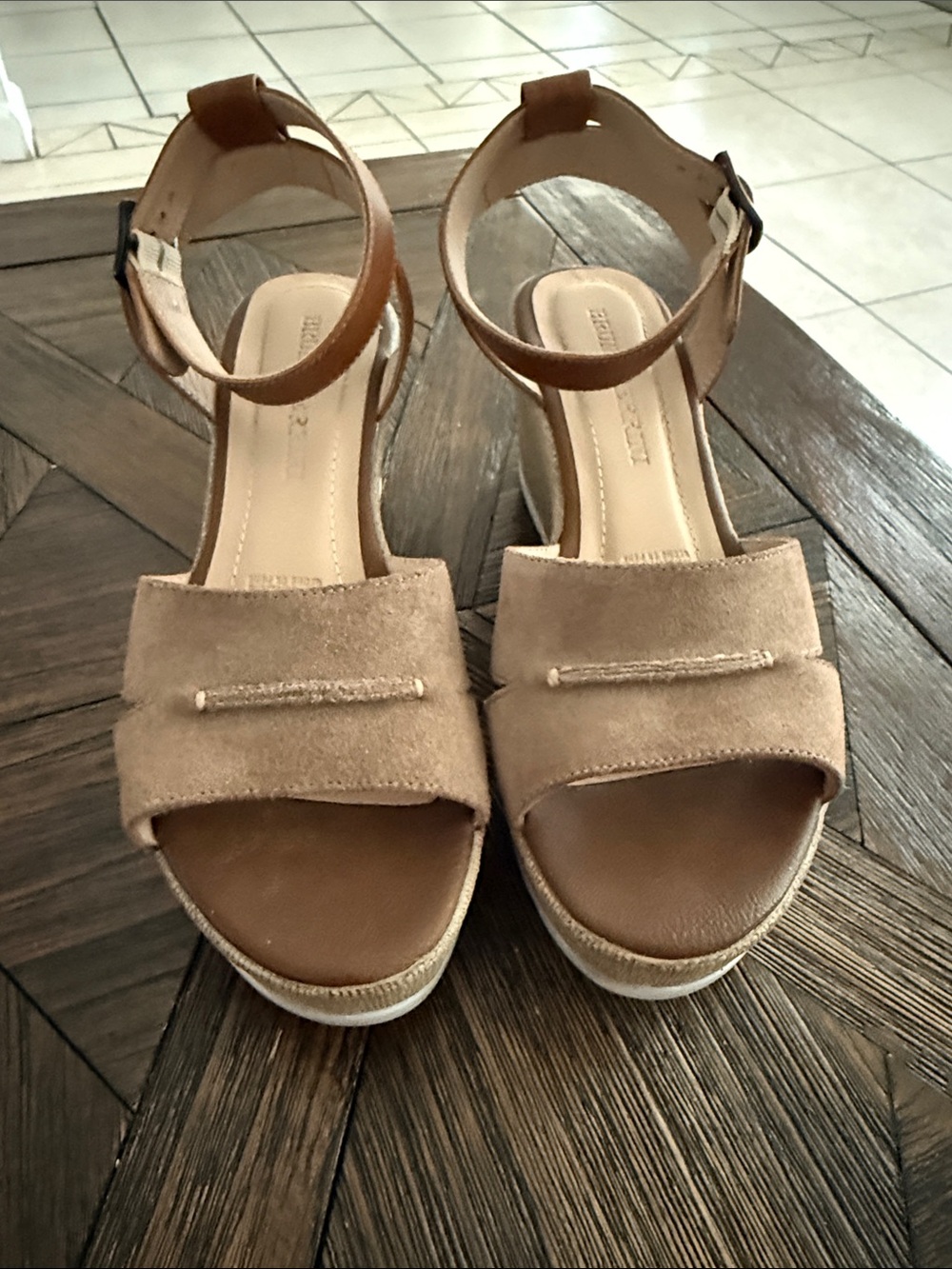Bruno Ferrini Suede Wedge Sandals Two-Tone Tan Taupe Leather Size 39 / US 9